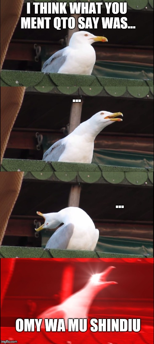 I THINK WHAT YOU MENT QTO SAY WAS... ... ... OMY WA MU SHINDIU | image tagged in memes,inhaling seagull | made w/ Imgflip meme maker