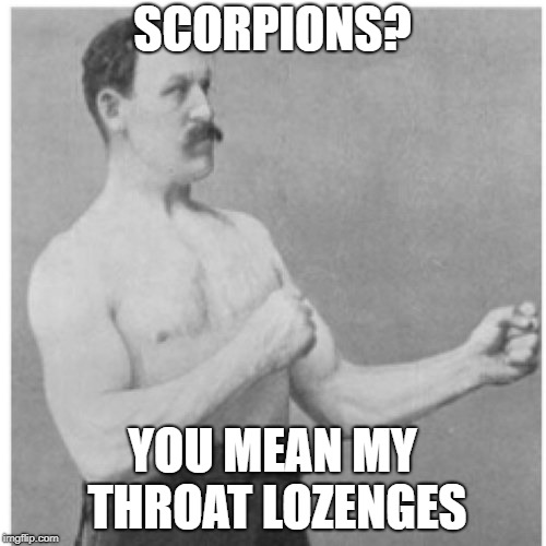 Overly Manly Man Meme | SCORPIONS? YOU MEAN MY THROAT LOZENGES | image tagged in memes,overly manly man | made w/ Imgflip meme maker