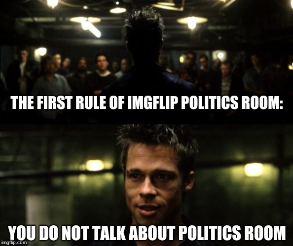 It's going to get even uglier in there... | THE FIRST RULE OF IMGFLIP POLITICS ROOM:; YOU DO NOT TALK ABOUT POLITICS ROOM | image tagged in first rule of the fight club,new rules,memes,politics,imgflip community | made w/ Imgflip meme maker