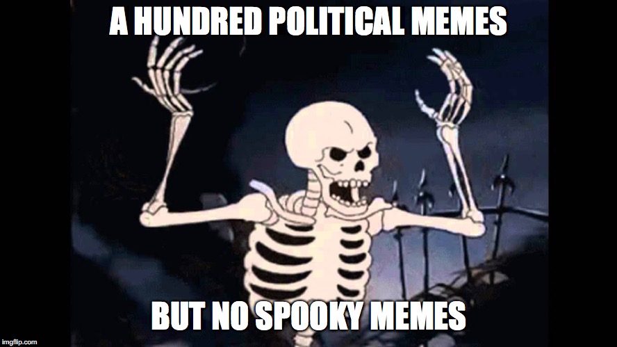 Spooky Skeleton | A HUNDRED POLITICAL MEMES; BUT NO SPOOKY MEMES | image tagged in spooky skeleton | made w/ Imgflip meme maker