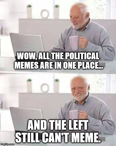 Hide the Pain Harold | WOW, ALL THE POLITICAL MEMES ARE IN ONE PLACE... AND THE LEFT STILL CAN'T MEME. | image tagged in memes,hide the pain harold | made w/ Imgflip meme maker