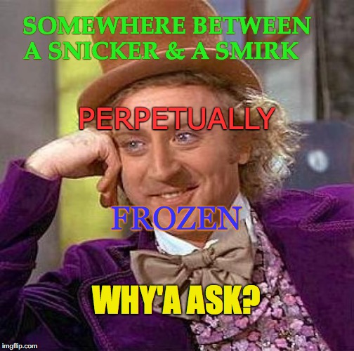 Creepy Condescending Wonka Meme | SOMEWHERE BETWEEN    A SNICKER & A SMIRK; PERPETUALLY; FROZEN; WHY'A ASK? | image tagged in memes,creepy condescending wonka | made w/ Imgflip meme maker