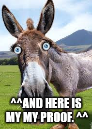 Living proof that HRC mated with a Jackass | ^^AND HERE IS MY MY PROOF. ^^ | image tagged in living proof that hrc mated with a jackass | made w/ Imgflip meme maker