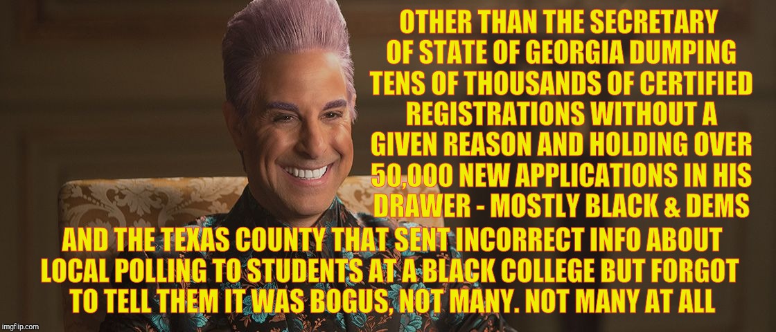 Hunger Games - Caesar Flickerman (Stanley Tucci) "This is great! | OTHER THAN THE SECRETARY OF STATE OF GEORGIA DUMPING TENS OF THOUSANDS OF CERTIFIED REGISTRATIONS WITHOUT A GIVEN REASON AND HOLDING OVER 50 | image tagged in hunger games - caesar flickerman stanley tucci this is great | made w/ Imgflip meme maker