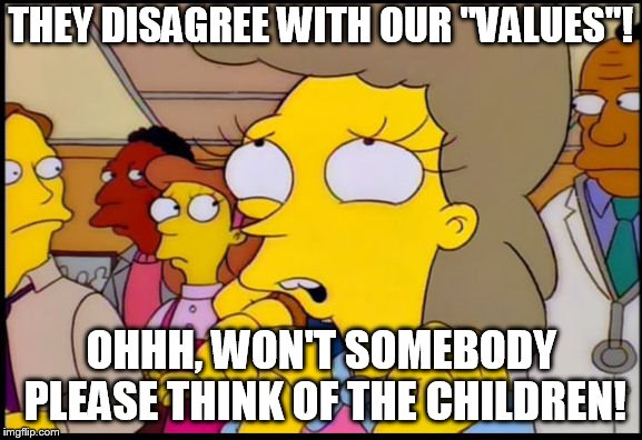 Think of the Children | THEY DISAGREE WITH OUR "VALUES"! OHHH, WON'T SOMEBODY PLEASE THINK OF THE CHILDREN! | image tagged in think of the children | made w/ Imgflip meme maker