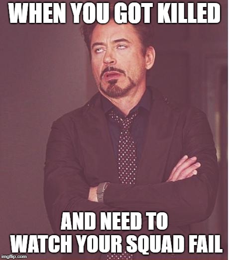 Face You Make Robert Downey Jr Meme | WHEN YOU GOT KILLED; AND NEED TO WATCH YOUR SQUAD FAIL | image tagged in memes,face you make robert downey jr | made w/ Imgflip meme maker