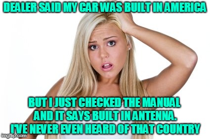 Dumb Blonde | DEALER SAID MY CAR WAS BUILT IN AMERICA; BUT I JUST CHECKED THE MANUAL AND IT SAYS BUILT IN ANTENNA. I'VE NEVER EVEN HEARD OF THAT COUNTRY | image tagged in dumb blonde,made in usa,blondes,cars | made w/ Imgflip meme maker