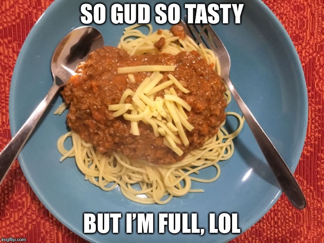 SO GUD SO TASTY; BUT I’M FULL, LOL | image tagged in spaghetti bolganese | made w/ Imgflip meme maker