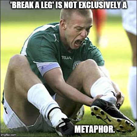 Break a leg | 'BREAK A LEG' IS NOT EXCLUSIVELY A METAPHOR. | image tagged in break a leg | made w/ Imgflip meme maker