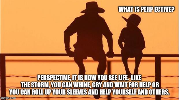 Cowboy wisdom, perspective, help others. | WHAT IS PERP ECTIVE? PERSPECTIVE, IT IS HOW YOU SEE LIFE.  LIKE THE STORM, YOU CAN WHINE, CRY AND WAIT FOR HELP OR YOU CAN ROLL UP YOUR SLEEVES AND HELP YOURSELF AND OTHERS. | image tagged in cowboy father and son | made w/ Imgflip meme maker