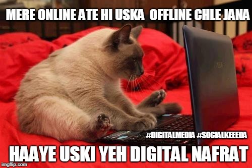 quit looking at cats online | MERE ONLINE ATE HI USKA  OFFLINE CHLE JANA; HAAYE USKI YEH DIGITAL NAFRAT; #DIGITALMEDIA #SOCIALKEEEDA | image tagged in quit looking at cats online | made w/ Imgflip meme maker
