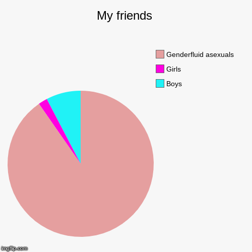 My friends | Boys, Girls, Genderfluid asexuals | image tagged in funny,pie charts | made w/ Imgflip chart maker