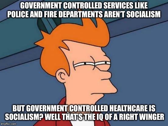 Futurama Fry Meme | GOVERNMENT CONTROLLED SERVICES LIKE POLICE AND FIRE DEPARTMENTS AREN’T SOCIALISM; BUT GOVERNMENT CONTROLLED HEALTHCARE IS SOCIALISM? WELL THAT’S THE IQ OF A RIGHT WINGER | image tagged in memes,futurama fry | made w/ Imgflip meme maker