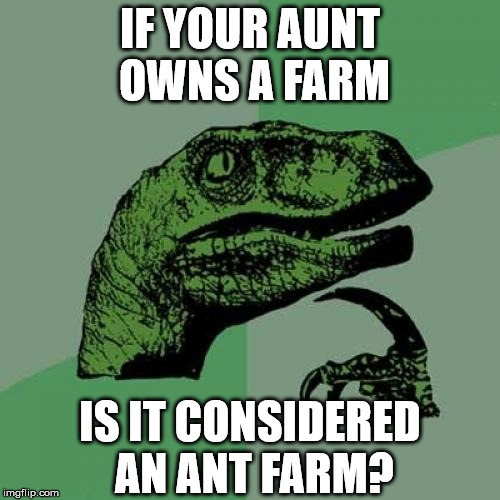Philosoraptor | IF YOUR AUNT OWNS A FARM; IS IT CONSIDERED AN ANT FARM? | image tagged in memes,philosoraptor,aunt,ants,farm | made w/ Imgflip meme maker