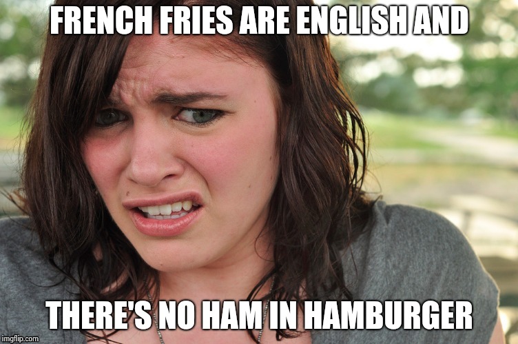 That's disgusting | FRENCH FRIES ARE ENGLISH AND THERE'S NO HAM IN HAMBURGER | image tagged in that's disgusting | made w/ Imgflip meme maker