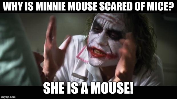 And everybody loses their minds Meme | WHY IS MINNIE MOUSE SCARED OF MICE? SHE IS A MOUSE! | image tagged in memes,and everybody loses their minds | made w/ Imgflip meme maker