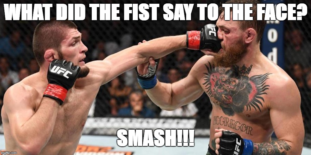 Khabib smashes conor's faces |  WHAT DID THE FIST SAY TO THE FACE? SMASH!!! | image tagged in ufc 229,khabib nurmagomedov,smash,punch,knockout,conor mcgregor | made w/ Imgflip meme maker