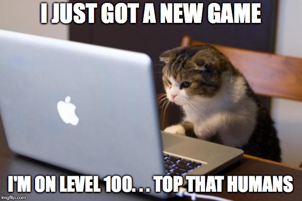 Cat using computer | I JUST GOT A NEW GAME; I'M ON LEVEL 100. . . TOP THAT HUMANS | image tagged in cat using computer | made w/ Imgflip meme maker