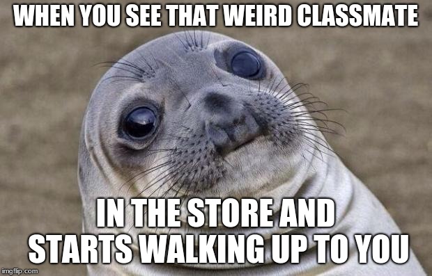 Awkward Moment Sealion Meme | WHEN YOU SEE THAT WEIRD CLASSMATE; IN THE STORE AND STARTS WALKING UP TO YOU | image tagged in memes,awkward moment sealion | made w/ Imgflip meme maker