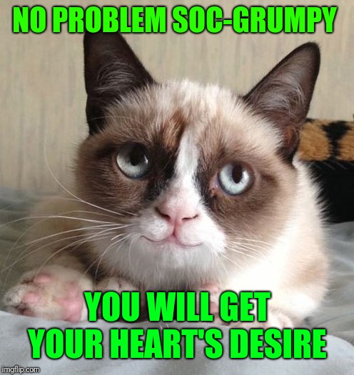 Smiling grumpy cat | NO PROBLEM SOC-GRUMPY YOU WILL GET YOUR HEART'S DESIRE | image tagged in smiling grumpy cat | made w/ Imgflip meme maker