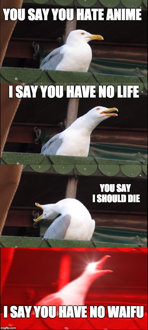 Inhaling Seagull | YOU SAY YOU HATE ANIME; I SAY YOU HAVE NO LIFE; YOU SAY I SHOULD DIE; I SAY YOU HAVE NO WAIFU | image tagged in memes,inhaling seagull | made w/ Imgflip meme maker