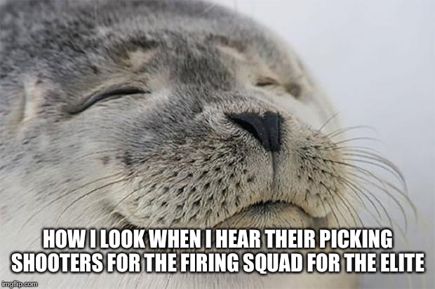 Satisfied Seal | HOW I LOOK WHEN I HEAR THEIR PICKING SHOOTERS FOR THE FIRING SQUAD FOR THE ELITE | image tagged in memes,satisfied seal | made w/ Imgflip meme maker