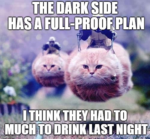 Storm Trooper Cats | THE DARK SIDE HAS A FULL-PROOF PLAN; I THINK THEY HAD TO MUCH TO DRINK LAST NIGHT | image tagged in storm trooper cats | made w/ Imgflip meme maker