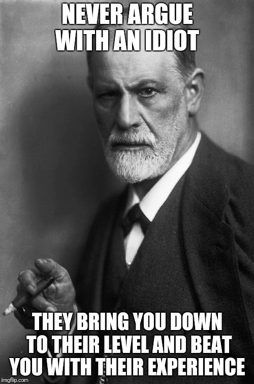 Sigmund Freud | NEVER ARGUE WITH AN IDIOT; THEY BRING YOU DOWN TO THEIR LEVEL AND BEAT YOU WITH THEIR EXPERIENCE | image tagged in memes,sigmund freud | made w/ Imgflip meme maker