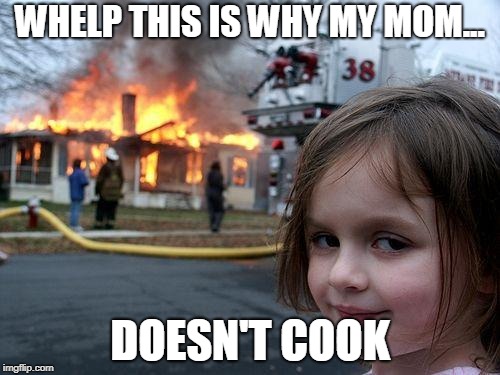 Disaster Girl Meme | WHELP THIS IS WHY MY MOM... DOESN'T COOK | image tagged in memes,disaster girl | made w/ Imgflip meme maker