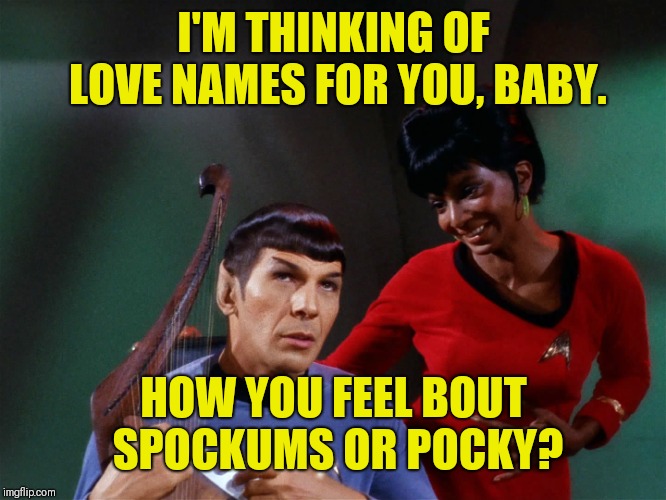 I don't think we were sposed to hear this. | I'M THINKING OF LOVE NAMES FOR YOU, BABY. HOW YOU FEEL BOUT SPOCKUMS OR POCKY? | image tagged in star trek spock lyre uhura out of tune,memes,pocky,spockums | made w/ Imgflip meme maker