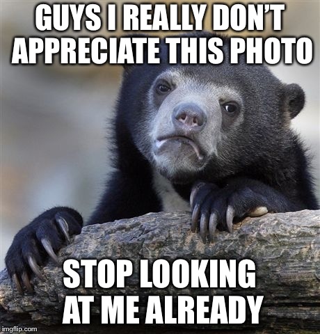 Confession Bear | GUYS I REALLY DON’T APPRECIATE THIS PHOTO; STOP LOOKING AT ME ALREADY | image tagged in memes,confession bear | made w/ Imgflip meme maker