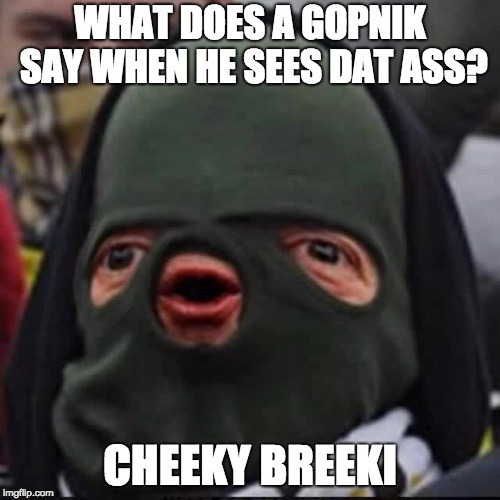 lol | WHAT DOES A GOPNIK SAY WHEN HE SEES DAT ASS? CHEEKY BREEKI | image tagged in cheeki breeki,memes,bad pun,slav,gopnik | made w/ Imgflip meme maker