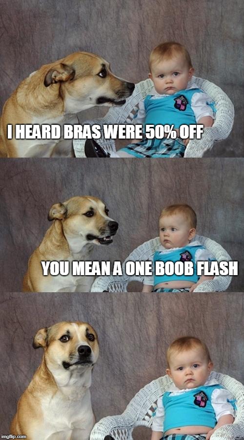 Dad Joke Dog Meme | I HEARD BRAS WERE 50% OFF YOU MEAN A ONE BOOB FLASH | image tagged in memes,dad joke dog | made w/ Imgflip meme maker