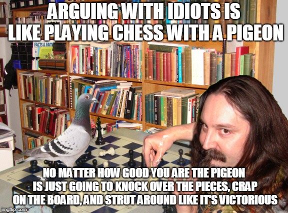 ARGUING WITH IDIOTS IS LIKE PLAYING CHESS WITH A PIGEON NO MATTER HOW GOOD YOU ARE THE PIGEON IS JUST GOING TO KNOCK OVER THE PIECES, CRAP O | made w/ Imgflip meme maker