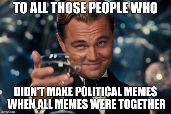 Leonardo Dicaprio Cheers Meme | TO ALL THOSE PEOPLE WHO; DIDN'T MAKE POLITICAL MEMES WHEN ALL MEMES WERE TOGETHER | image tagged in memes,leonardo dicaprio cheers | made w/ Imgflip meme maker