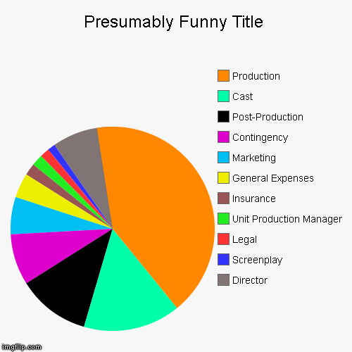 Director, Screenplay, Legal, Unit Production Manager, Insurance, General Expenses, Marketing, Contingency, Post-Production, Cast, Production | image tagged in funny,pie charts | made w/ Imgflip chart maker