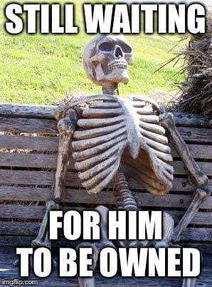Waiting Skeleton Meme | STILL WAITING FOR HIM TO BE OWNED | image tagged in memes,waiting skeleton | made w/ Imgflip meme maker
