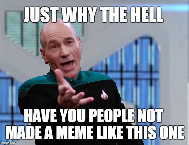 I just had to do this one for fun... | JUST WHY THE HELL; HAVE YOU PEOPLE NOT MADE A MEME LIKE THIS ONE | image tagged in picard wth,picard wtf,bad photoshop,kelvin timeline background,reversed uniform | made w/ Imgflip meme maker