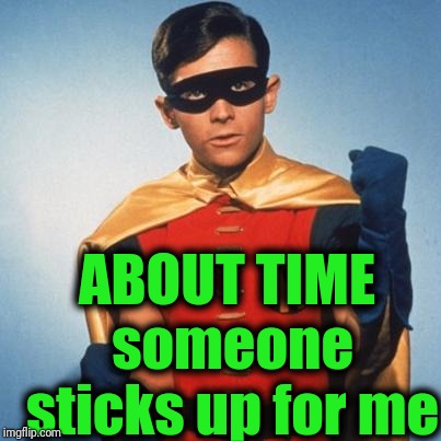 Robin | ABOUT TIME someone sticks up for me | image tagged in robin | made w/ Imgflip meme maker