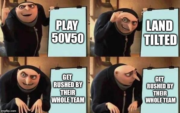 Gru's Plan | PLAY 50V50; LAND TILTED; GET RUSHED BY THEIR WHOLE TEAM; GET RUSHED BY THEIR 
WHOLE TEAM | image tagged in gru's plan | made w/ Imgflip meme maker