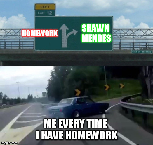 Left Exit 12 Off Ramp Meme | SHAWN MENDES; HOMEWORK; ME EVERY TIME I HAVE HOMEWORK | image tagged in memes,left exit 12 off ramp | made w/ Imgflip meme maker