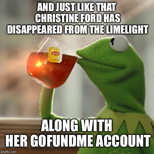 But That's None Of My Business | AND JUST LIKE THAT CHRISTINE FORD HAS DISAPPEARED FROM THE LIMELIGHT; ALONG WITH HER GOFUNDME ACCOUNT | image tagged in memes,but thats none of my business,kermit the frog,political meme,christine blasey ford | made w/ Imgflip meme maker