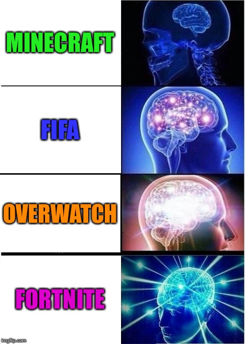 What is my best game? | MINECRAFT; FIFA; OVERWATCH; FORTNITE | image tagged in memes,expanding brain | made w/ Imgflip meme maker