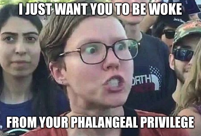 Triggered Liberal | I JUST WANT YOU TO BE WOKE FROM YOUR PHALANGEAL PRIVILEGE | image tagged in triggered liberal | made w/ Imgflip meme maker