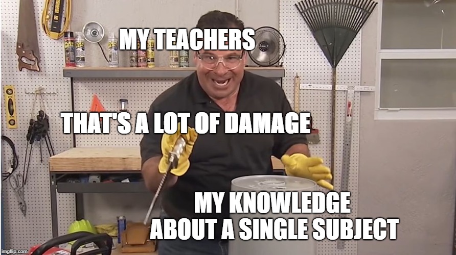 Phil Swift That's A Lotta Damage (Flex Tape/Seal) | MY TEACHERS; THAT'S A LOT OF DAMAGE; MY KNOWLEDGE ABOUT A SINGLE SUBJECT | image tagged in phil swift that's a lotta damage flex tape/seal | made w/ Imgflip meme maker