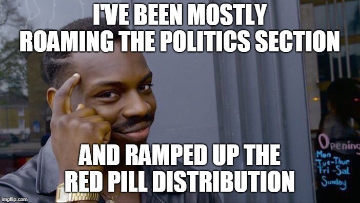 Roll Safe Think About It Meme | I'VE BEEN MOSTLY ROAMING THE POLITICS SECTION AND RAMPED UP THE RED PILL DISTRIBUTION | image tagged in memes,roll safe think about it | made w/ Imgflip meme maker