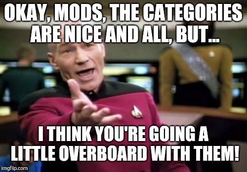 It was a very good idea! I'm just starting to think that they're having a bit too much fun making the categories... | OKAY, MODS, THE CATEGORIES ARE NICE AND ALL, BUT... I THINK YOU'RE GOING A LITTLE OVERBOARD WITH THEM! | image tagged in memes,picard wtf,imgflip mods,okay | made w/ Imgflip meme maker