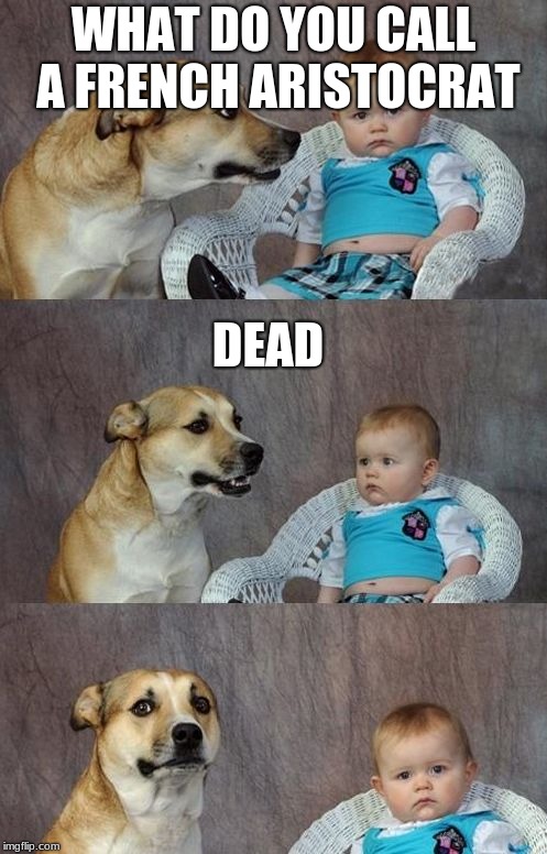 Baby and dog | WHAT DO YOU CALL A FRENCH ARISTOCRAT; DEAD | image tagged in baby and dog | made w/ Imgflip meme maker