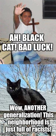 Black cats matter! | AH! BLACK CAT! BAD LUCK! Wow, ANOTHER generalization! This neighborhood is just full of racists! | image tagged in black cat,racist,scared kid,funny memes,society | made w/ Imgflip meme maker