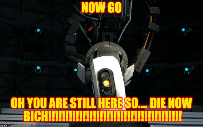 Glados | NOW GO; OH YOU ARE STILL HERE SO.... DIE NOW BICH!!!!!!!!!!!!!!!!!!!!!!!!!!!!!!!!!!!!!!! | image tagged in glados | made w/ Imgflip meme maker